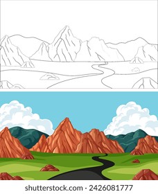 Colorful vector of mountains, road, and clouds.