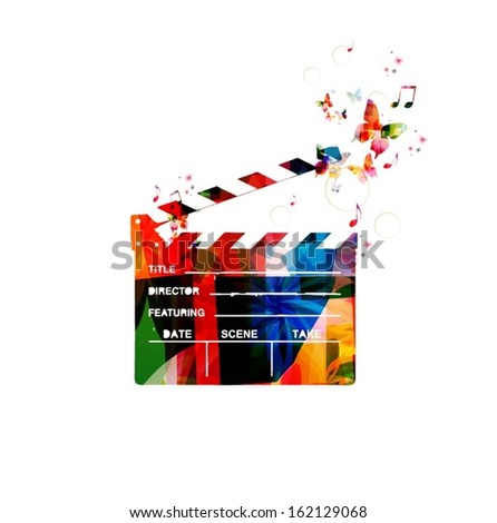 Colorful vector movie clapper background with butterflies. 