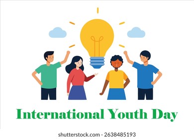 Colorful vector of multicultural youth exchanging ideas around a glowing light bulb, symbolizing innovation, diversity, and unity. Perfect for International Youth Day visuals and campaigns.