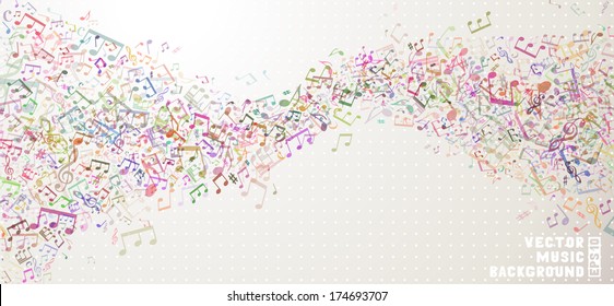 Colorful vector music background. Set of various music elements on light background. Music abstract wave of notes and treble clefs. EPS 10. 