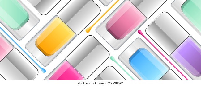 Colorful vector Nail Polish ad. Glass transparent bottle elements, 3d illustration, cosmetics banner.