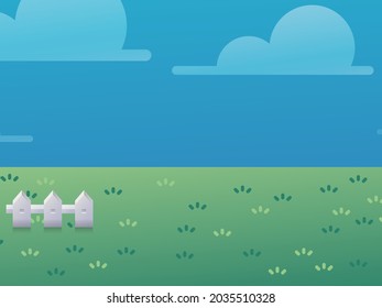 Colorful vector nature panoramic backgound with gradients illustration template. Summer season fresh backyard field with blue sky and grey fence. Flat styled horizontal wallpaper for any purposes