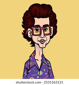 Caricatura nerd vetor colorida em estilo cômico com grandes óculos e uma camisa estampada. Perfeito para projetos de tecnologia, cultura pop e humor.