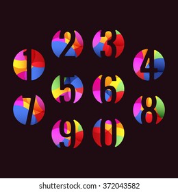 Colorful vector numbers image. Mathematics elements. Calculator buttons signs. 1.2.3.4.5.6.7.8.9.0. School, preschool education symbols. Colorful round numbers on the black background.