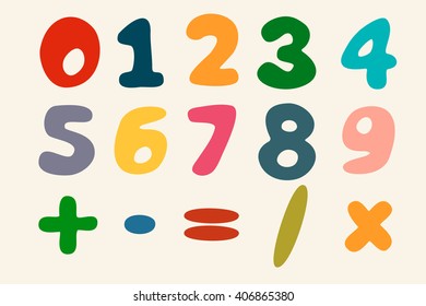 Colorful vector numbers set. Zero, one, two, three, four, five, six, seven, eight, nine and mathematical signs.