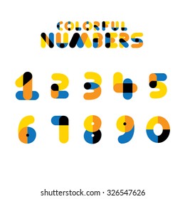 colorful vector numerals and integers  or numbers. these icons can be used as logos too and are made of 4 different colors - yellow, orange, blue, and black