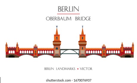 Colorful vector Oberbaum Bridge front view, famous landmark of Berlin, Germany. Vector flat illustration isolated on white background. Berlin travel concept. Stock illustration