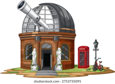 Colorful vector observatory with large rooftop telescope, statues, red phone booth, bicycle, white background