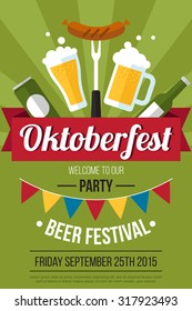 Colorful vector oktoberfest beer festival poster or flyer template. Flat style.