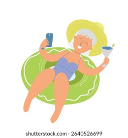 Colorful vector with old woman on green pool float, holding a drink and phone, wearing sun hat and shades. Ideal for holiday ads, senior travel promotions, and summer fun designs.