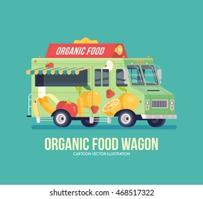 Colorful vector organic food truck. Street cuisine. Fruit and vegetables truck. Vegetarian and vegan diet nutrition. Modern flat illustration.