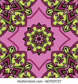 Colorful vector ornament. Seamless pattern of mandalas on a lilac background. Template for shawl, carpet, wallpaper.
