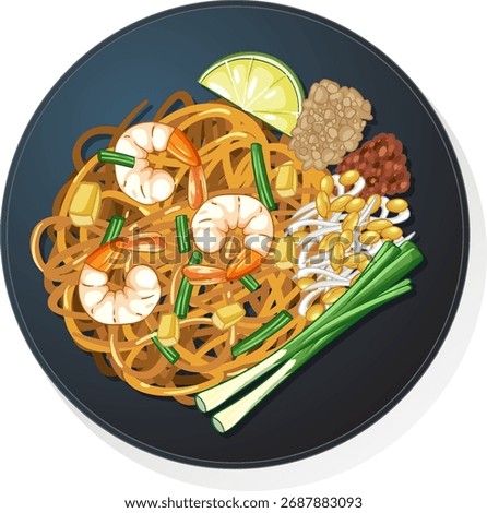 Colorful vector Pad Thai with shrimp, lime, scallions, bean sprouts, and peanuts on dark plate