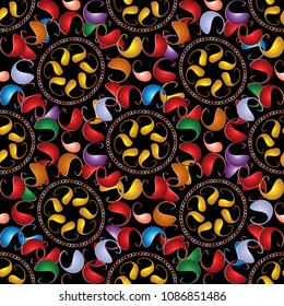 Colorful vector paisley seamless pattern. Bright abstract ornamental ethnic style background. Multicolor vintage paisley flowers, circles, oriental colored ornaments. Beautiful design for fabric