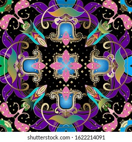 Colorful vector Paisley seamless pattern. Ornamental floral ethnic background. Repeat ornate backdrop. Lacy paisley flowers, leaves, lines, shapes, squares, dots. Indian style vintage ornaments.