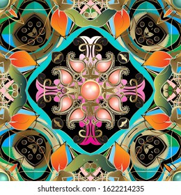 Colorful vector Paisley seamless pattern. Ornamental floral ethnic background. Jewelry repeat ornate backdrop. 3d gemstones, lacy paisley flowers, leaves, lines, shapes, circles. Arabesque ornaments.