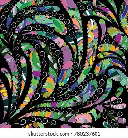 Colorful vector paisley seamless pattern. Floral multicolor vintage background with swirls, flowers and bright hand drawn flourish ornaments. Ornate design for fabric, prints, wallpapers, textile. 