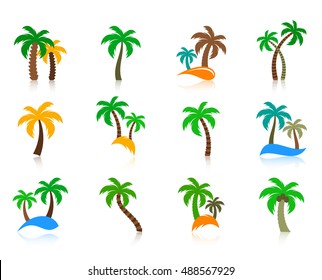 Colorful vector palm tree icons collection with reflection