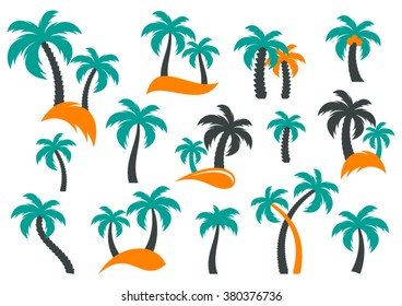 Colorful vector palm tree silhouette icons collection isolated