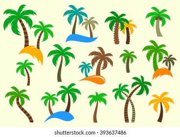 Colorful vector palm tree silhouette icons collection isolated