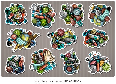 Colorful vector pandemic stickers. Hand drawn doodle cartoon set of Epidemic theme items, objects and symbols