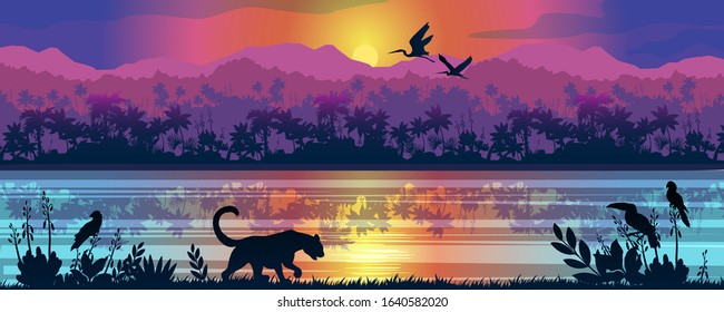 Colorful vector panorama with leopard, toucan, parrots, sunrise, river and rainforest on the background. Stock jungle landscape with palm trees, reflections in water and exotic animals for banners