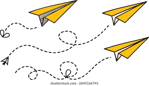 Colorful Vector Paper Airplane Set with Hand Drawn and Outline Icons.