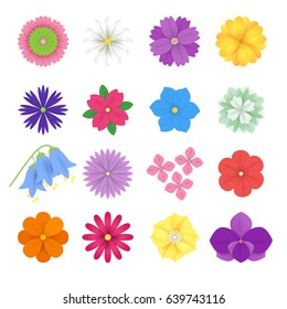 Colorful vector paper flowers set illustration. 3d origami abstract flower icons isolated on white background.Paper art style for banner, poster, promotion, web site, online shopping, advertising.