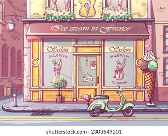 Colorful vector parked moped in front Ice Cream Shop. Image of Frozen Yogurt cafe. For web, video, interface, design, handout, news-sheet.