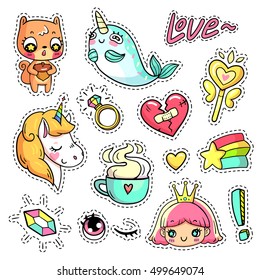 Colorful vector patch badges with animals, characters and things. Hand-drawn stickers, pins in cartoon 80s-90s comics style. Set with unicorn, narwhal, squirrel, princess, magic wand, etc. Part 3