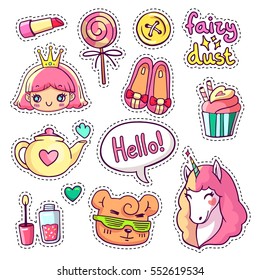 Colorful vector patch badges with animals, characters and things. Hand-drawn stickers, pins in cartoon 80s-90s comics style. Set with cute unicorn, princess, candy, etc. Part 9