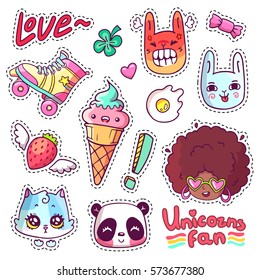 Colorful vector patch badges with animals, characters and things. Hand-drawn stickers, pins in cartoon 80s-90s comics style. Set with african woman, angry bunny, adorable kitten, etc. Part 13