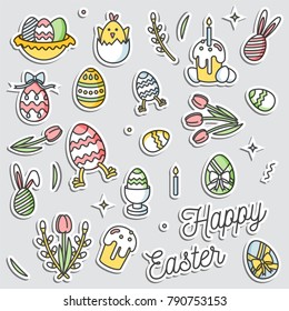 Colorful vector patch badges with Happy Easter icon. Vector linear design Easter greetings elements. Vector stickers, pins for spring holidays