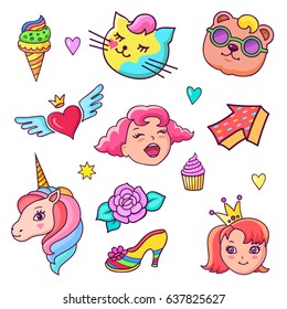 Colorful vector patch badges.  Unicorn, hearts, cat, baby bear, flower, sweets and other elements. Vector comic style stickers, pins, patches, illustration in cartoon 80s-90s comic style.