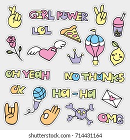 Colorful vector patch set - 80s-90s style design. Isolated hand drawn illustrations - great for stickers, embroidery, badges.