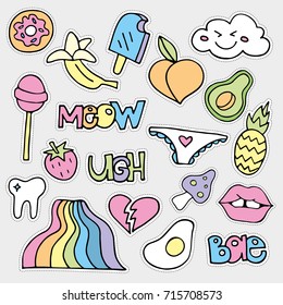 Colorful vector patch set - 80s-90s style design. Isolated hand drawn illustrations - great for stickers, embroidery, badges.