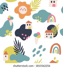 Colorful vector pattern for babies and kids. Summer vibes. Vacation background. Smiling sun, houses, palm leaves, ice cream, rainbow, clouds. 