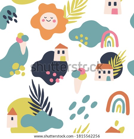 Colorful vector pattern for babies and kids. Summer vibes. Vacation background. Smiling sun, houses, palm leaves, ice cream, rainbow, clouds. 