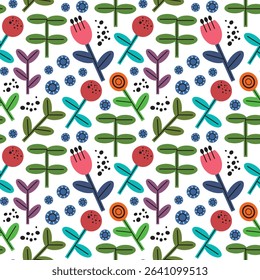 Colorful vector pattern with decorative large flowers and small blue flowers, green branches and black dots on a white background. Idea for wallpaper, covers, fabric and baby products