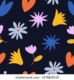 Colorful vector pattern with different flowers and plant elements and stars. Floral illustration. Backdrop, template. For cards, posters, textile.