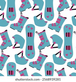 Colorful vector pattern featuring snow boots and snowboard designs in a playful arrangement
