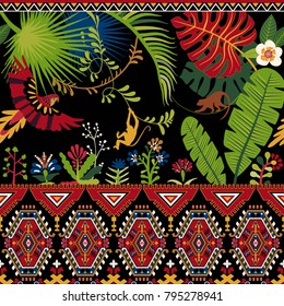 Colorful vector pattern with geometrical elements, tropical plants and animals