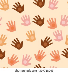 Colorful vector pattern with illustration of a people's hands with different skin color together. Race equality, diversity, tolerance illustration.  Can be used for backgrounds or prints.