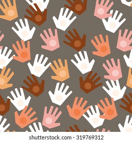 Colorful vector pattern with illustration of a people's hands with different skin color together. Race equality, diversity, tolerance illustration.  Can be used for backgrounds or prints.