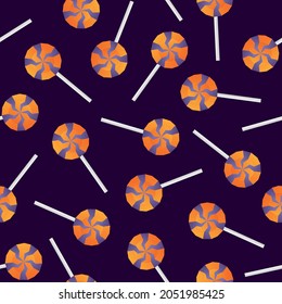 Farbiges Vektormuster mit Lollipops auf dunkelviolettem Hintergrund. Nahtloses Halloween-Design in Violett und Orange zum Verpacken von Papier oder Web