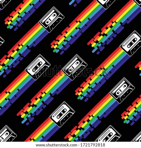 Colorful vector pattern on black background. Compact cassette and rainbow tail.