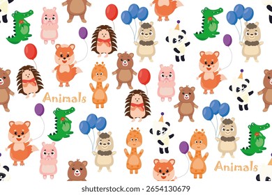 Colorful vector pattern on a white background with cute animals like fox, bear, panda, giraffe, crocodile, hedgehog and balloons.Perfect for children's themes and playful designs