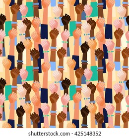 Colorful vector pattern with people's hands with different skin color together. Race equality, diversity, tolerance illustration. Flat design style. Can be used for backgrounds, prints.