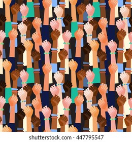 Colorful vector pattern with people's hands with different skin color together. Race equality, diversity, tolerance illustration. Flat design style. Can be used for backgrounds or prints.