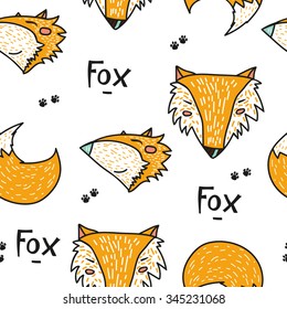 Colorful vector pattern with red happy fox faces, on white background for your design